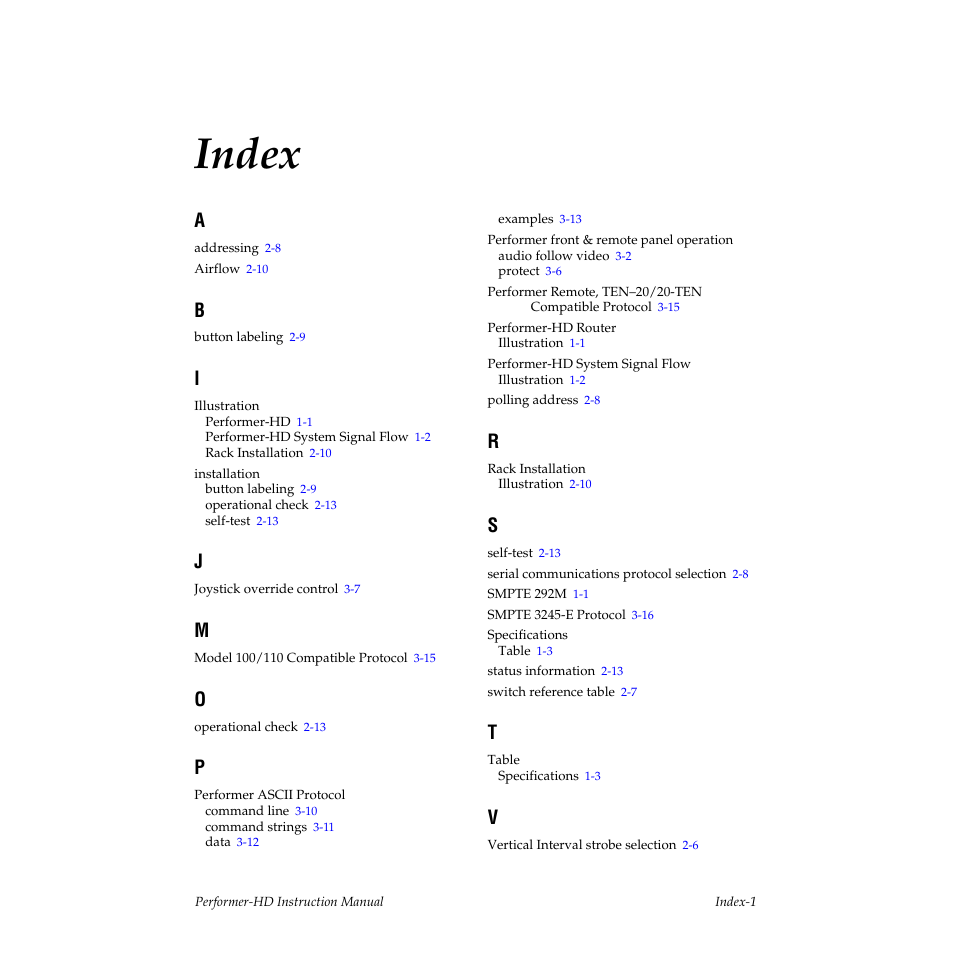 Index | Grass Valley Performer-HD User Manual | Page 59 / 60