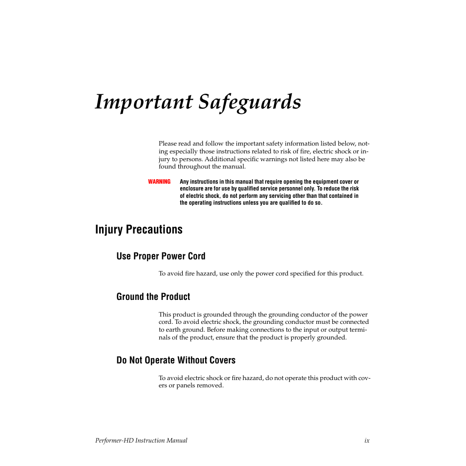 Important safeguards, Injury precautions, Use proper power cord | Ground the product, Do not operate without covers | Grass Valley Performer-HD User Manual | Page 9 / 60