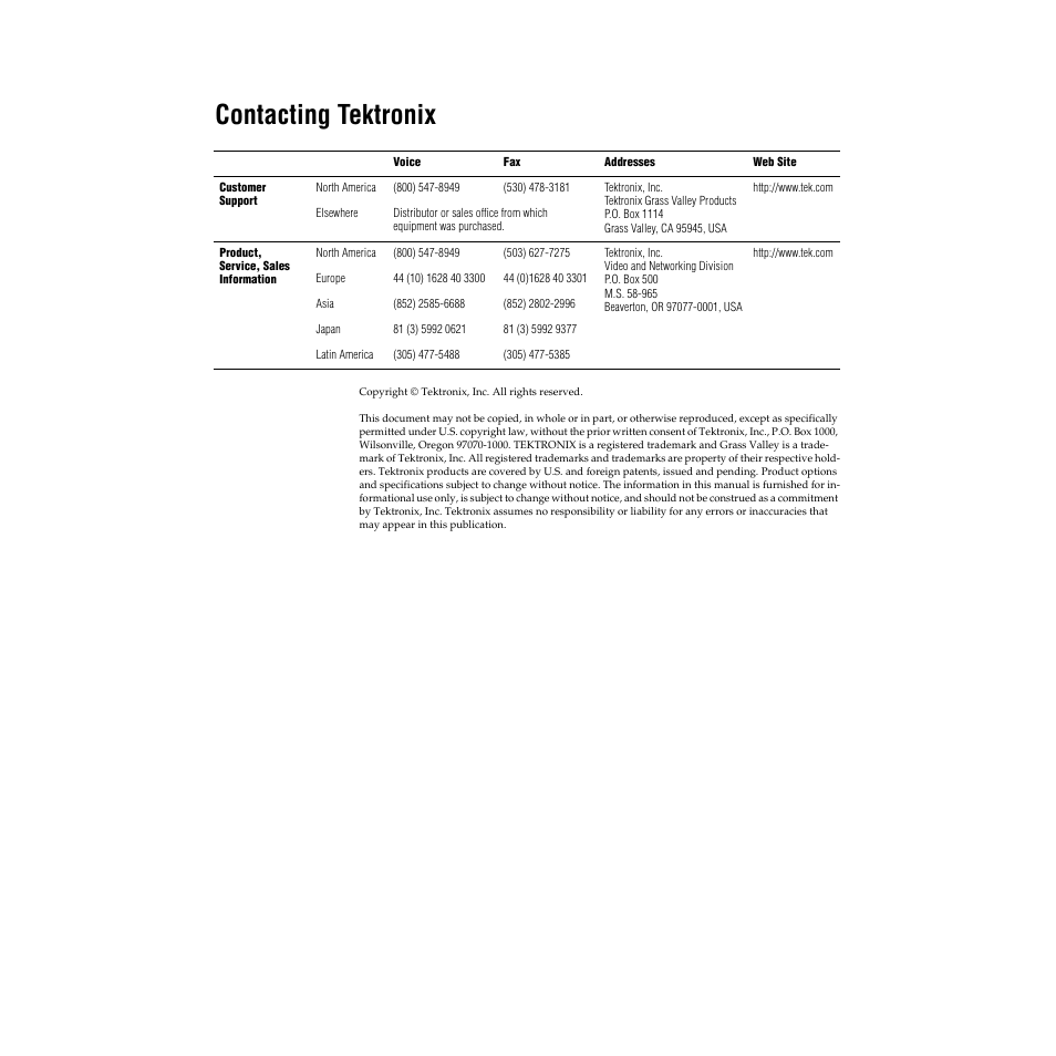 Contacting tektronix | Grass Valley Performer-HD Digital 10x1 Routing Switcher User Manual | Page 2 / 8