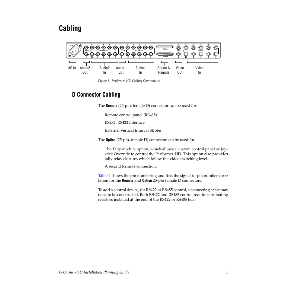 Cabling, D connector cabling | Grass Valley Performer-HD Digital 10x1 Routing Switcher User Manual | Page 5 / 8