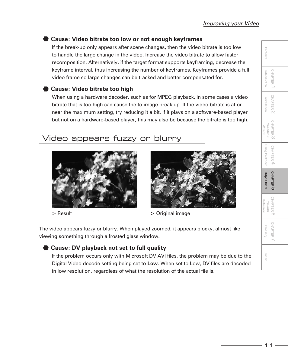 Cause: video bitrate too high, Video appears fuzzy or blurry, Cause: dv playback not set to full quality | Improving your video | Grass Valley ProCoder 3 User Manual | Page 111 / 210