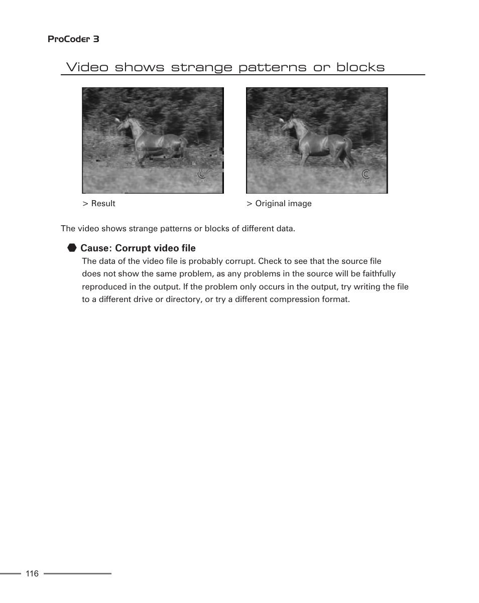 Video shows strange patterns or blocks, Cause: corrupt video file | Grass Valley ProCoder 3 User Manual | Page 116 / 210