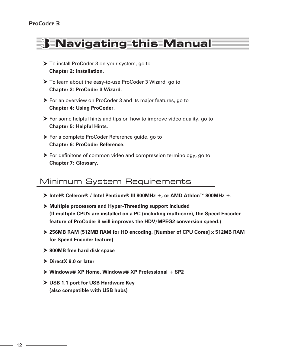 3 navigating this manual, Minimum system requirements, Navigating this manual | Grass Valley ProCoder 3 User Manual | Page 12 / 210