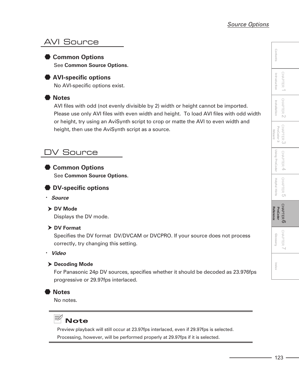 Avi source, Dv source, Common options | Avi-specific options, Dv-specific options, Source options | Grass Valley ProCoder 3 User Manual | Page 123 / 210