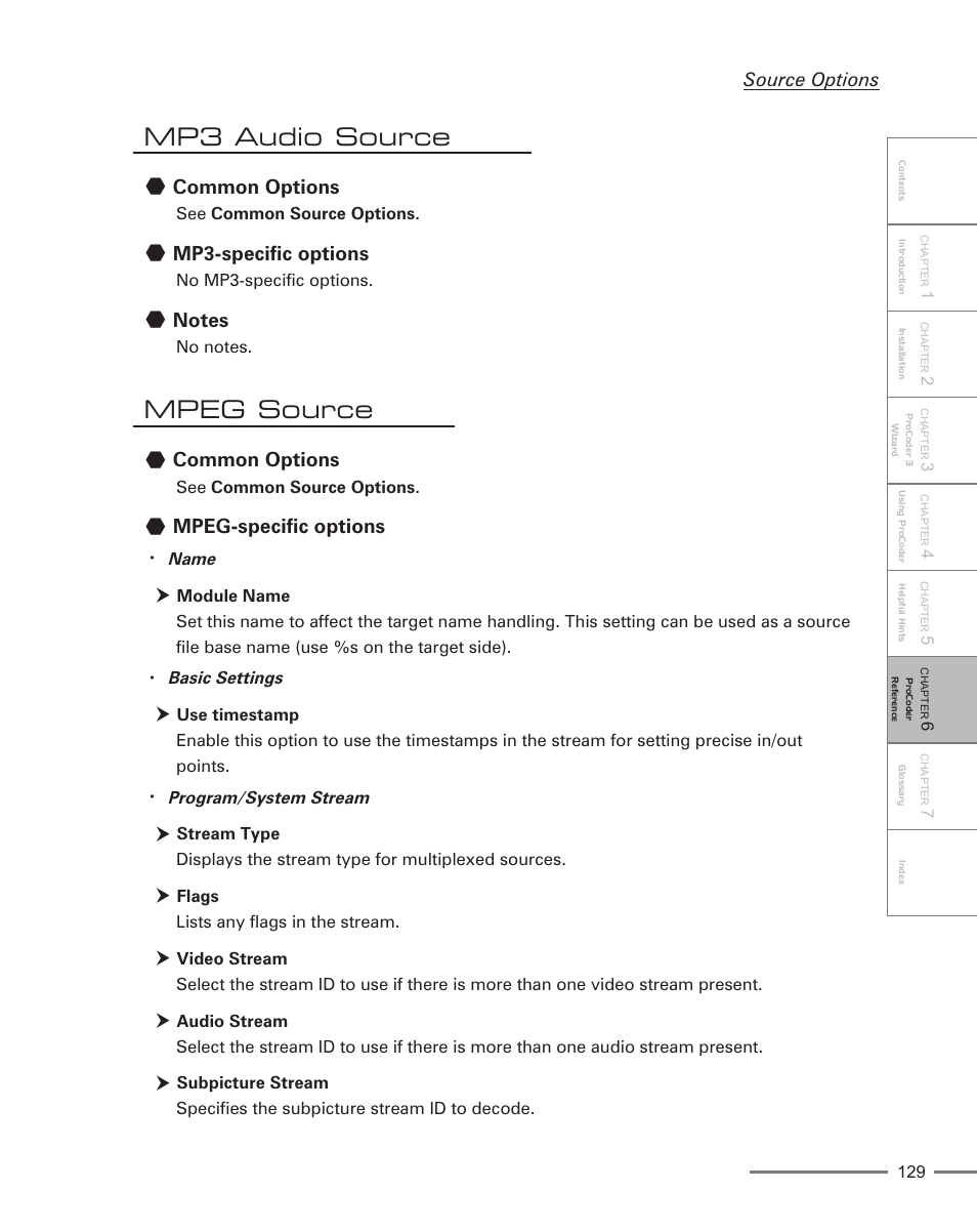 Mp3 audio source, Mpeg source, Common options | Mp3-specific options, Mpeg-specific options | Grass Valley ProCoder 3 User Manual | Page 129 / 210