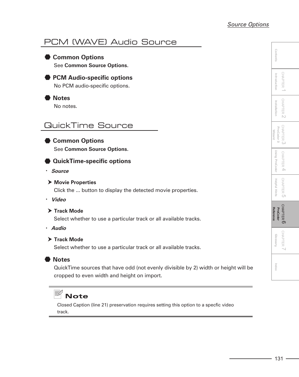 Pcm (wave) audio source, Quicktime source, Common options | Pcm audio-specific options, Quicktime-specific options, Source options | Grass Valley ProCoder 3 User Manual | Page 131 / 210