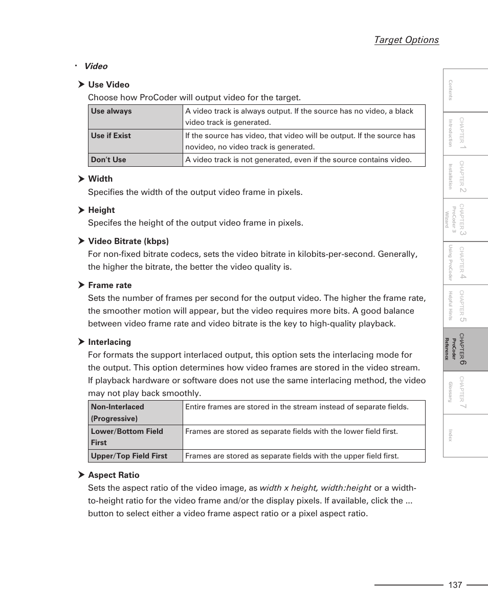 Target options, Video | Grass Valley ProCoder 3 User Manual | Page 137 / 210