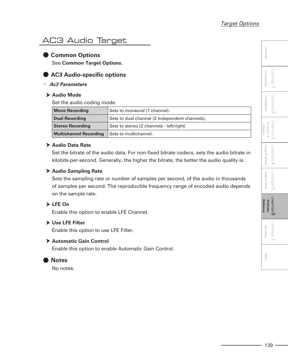 Ac3 audio target, Common options, Ac3 audio-specific options | Target options | Grass Valley ProCoder 3 User Manual | Page 139 / 210