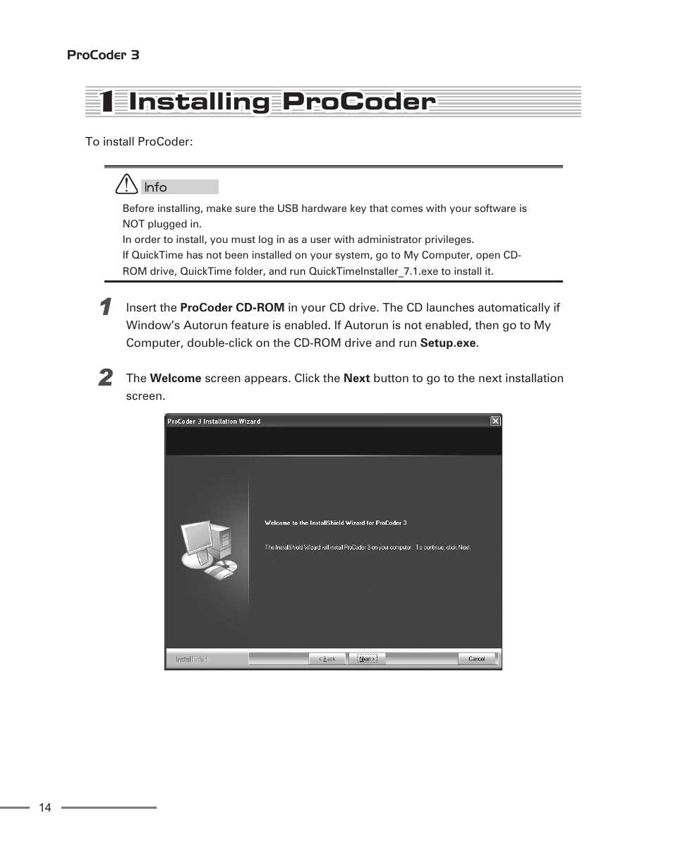 1 installing procoder, Installing procoder | Grass Valley ProCoder 3 User Manual | Page 14 / 210