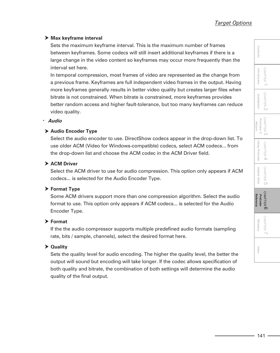 Target options, Audio | Grass Valley ProCoder 3 User Manual | Page 141 / 210