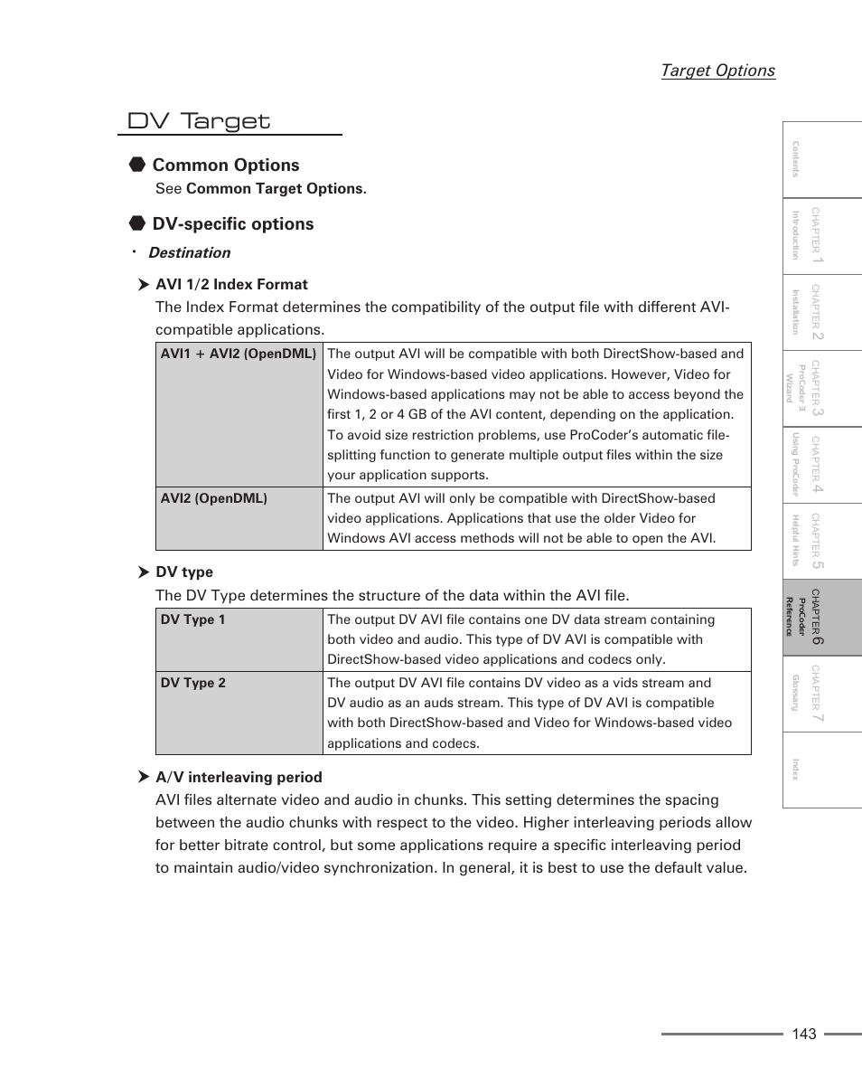 Dv target, Common options, Dv-specific options | Target options, Destination | Grass Valley ProCoder 3 User Manual | Page 143 / 210