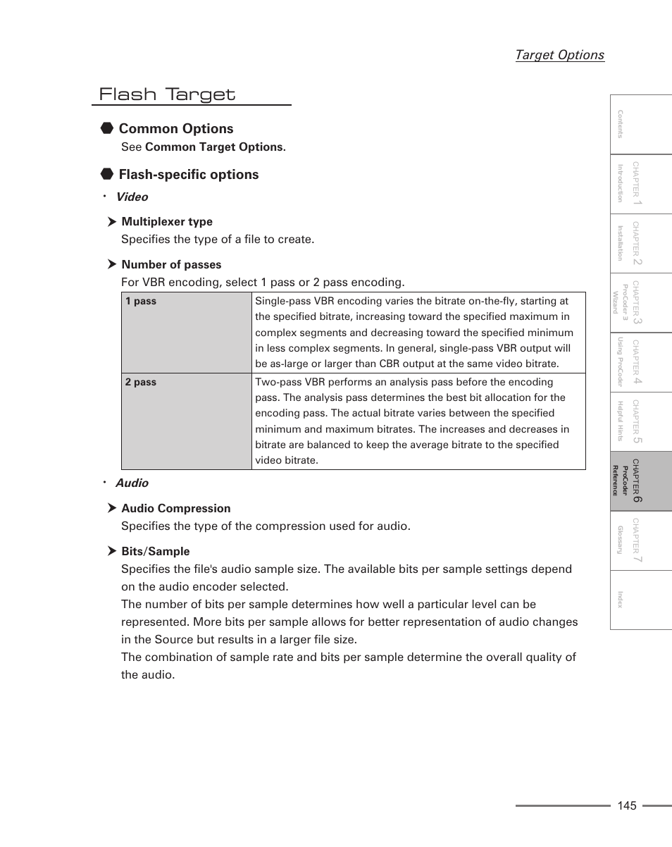 Flash target, Common options, Flash-specific options | Target options, Video, Audio | Grass Valley ProCoder 3 User Manual | Page 145 / 210