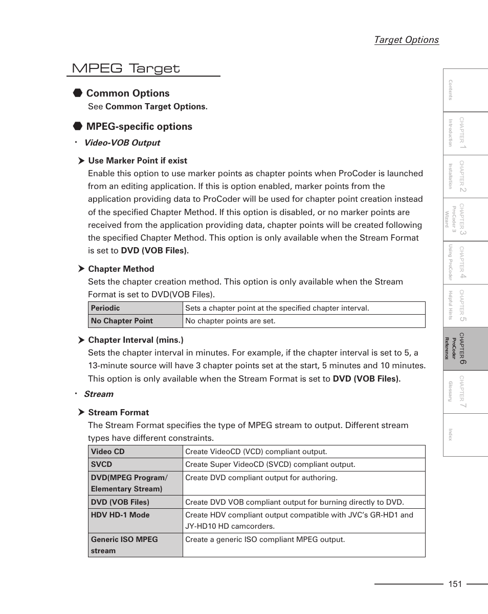 Mpeg target, Common options, Mpeg-specific options | Target options, Video-vob output, Stream | Grass Valley ProCoder 3 User Manual | Page 151 / 210