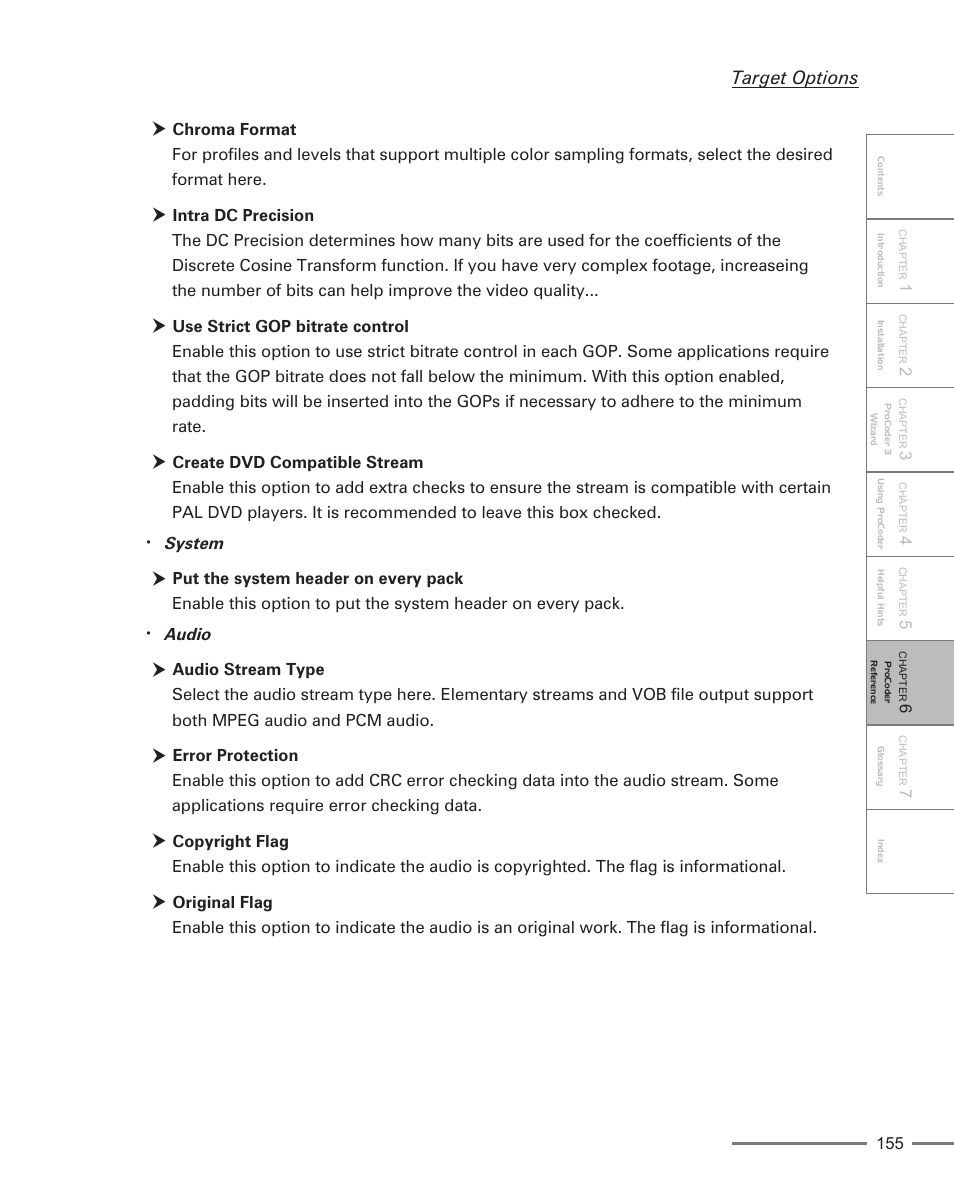 Target options, System, Audio | Grass Valley ProCoder 3 User Manual | Page 155 / 210