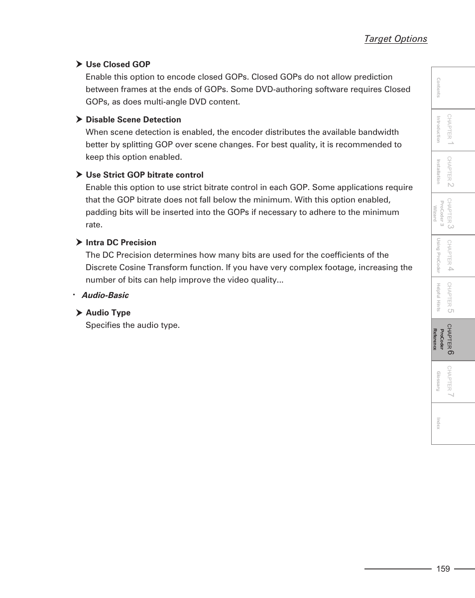 Target options, Audio-basic, Audio type specifies the audio type | Grass Valley ProCoder 3 User Manual | Page 159 / 210