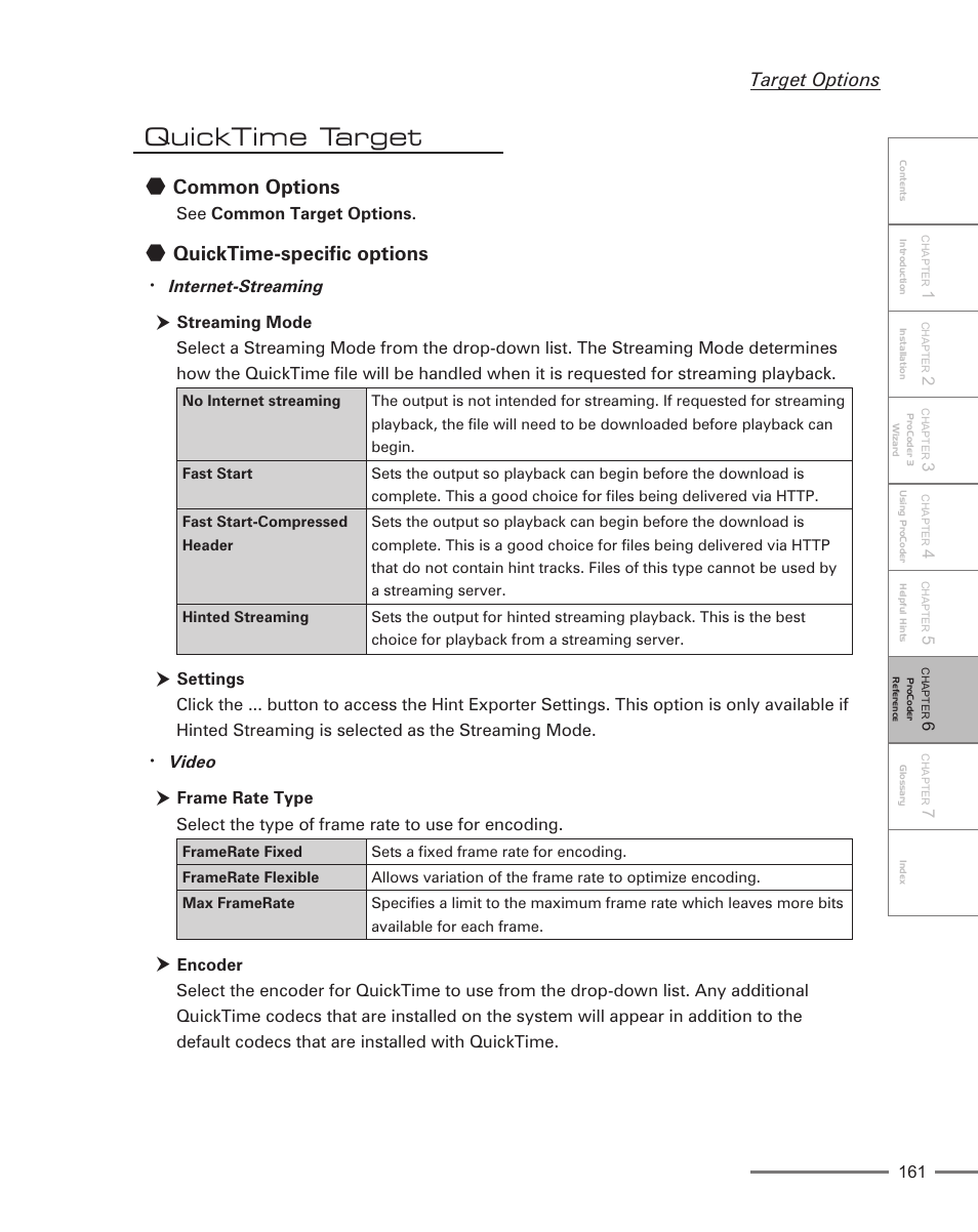 Quicktime target, Common options, Quicktime-specific options | Target options, Internet-streaming, Video | Grass Valley ProCoder 3 User Manual | Page 161 / 210