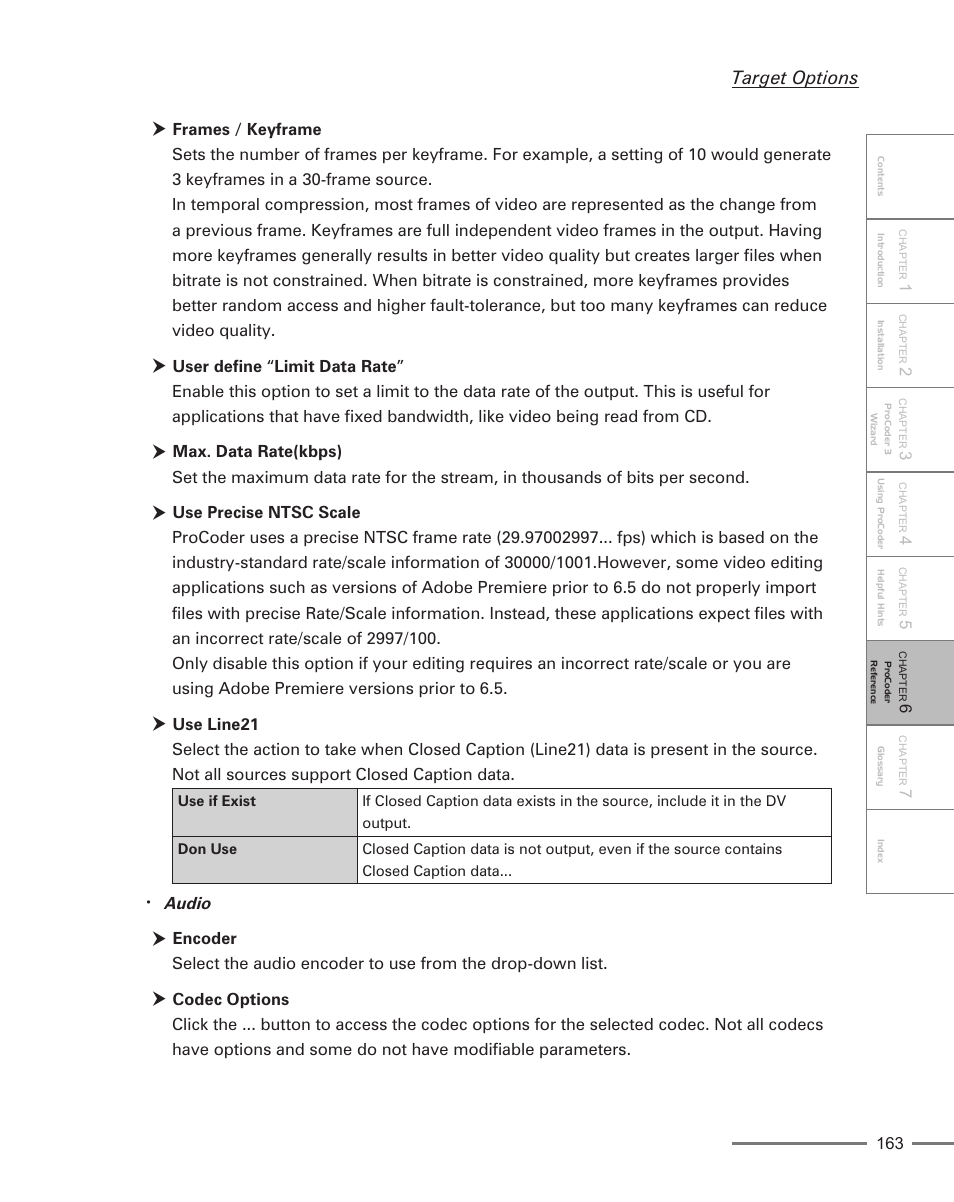 Target options, Audio | Grass Valley ProCoder 3 User Manual | Page 163 / 210