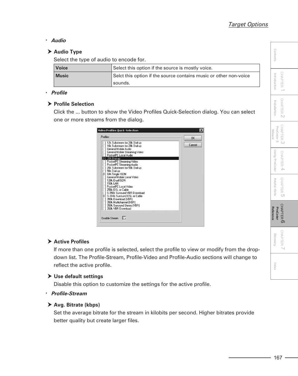 Target options, Audio, Profile | Profile-stream | Grass Valley ProCoder 3 User Manual | Page 167 / 210