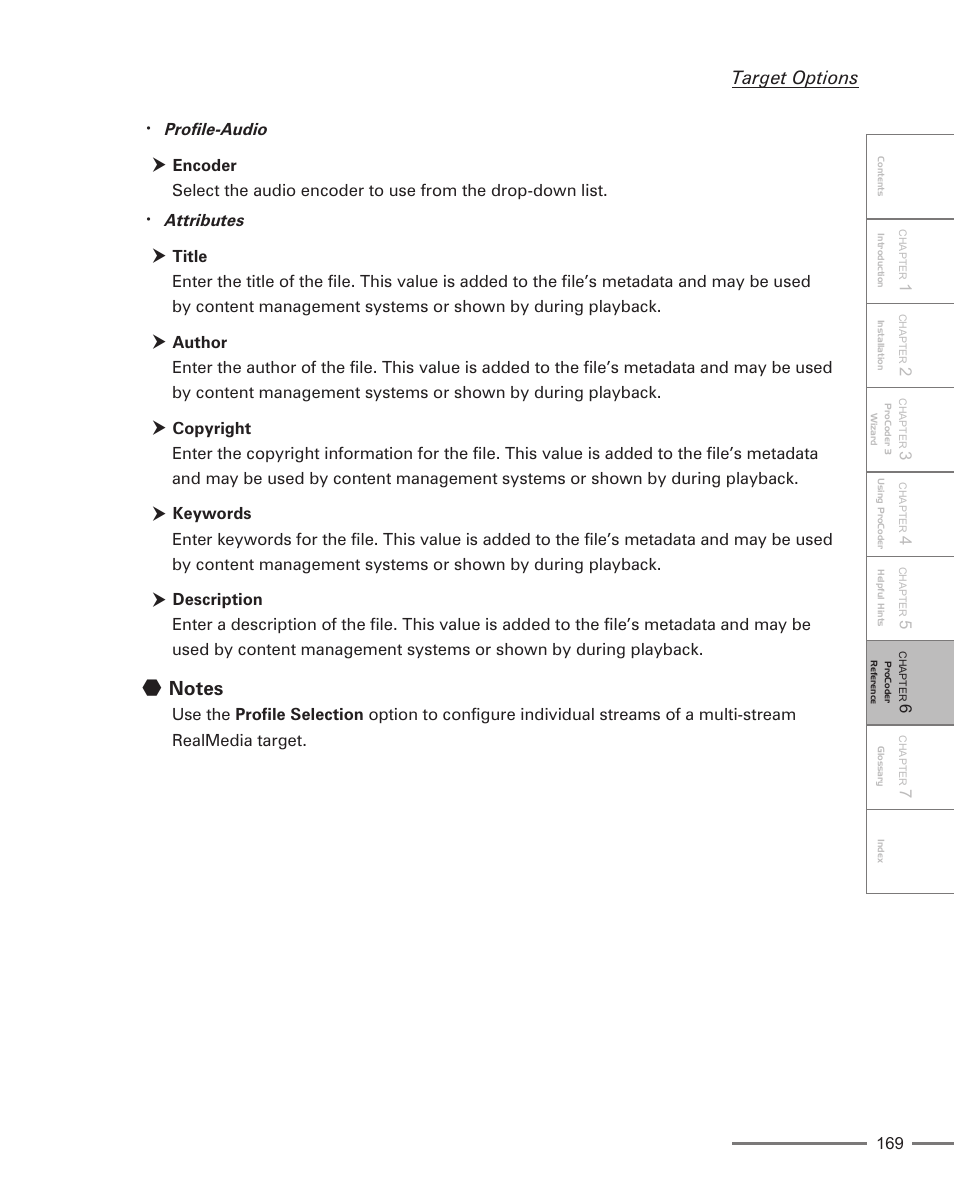 Target options, Profile-audio, Attributes | Grass Valley ProCoder 3 User Manual | Page 169 / 210