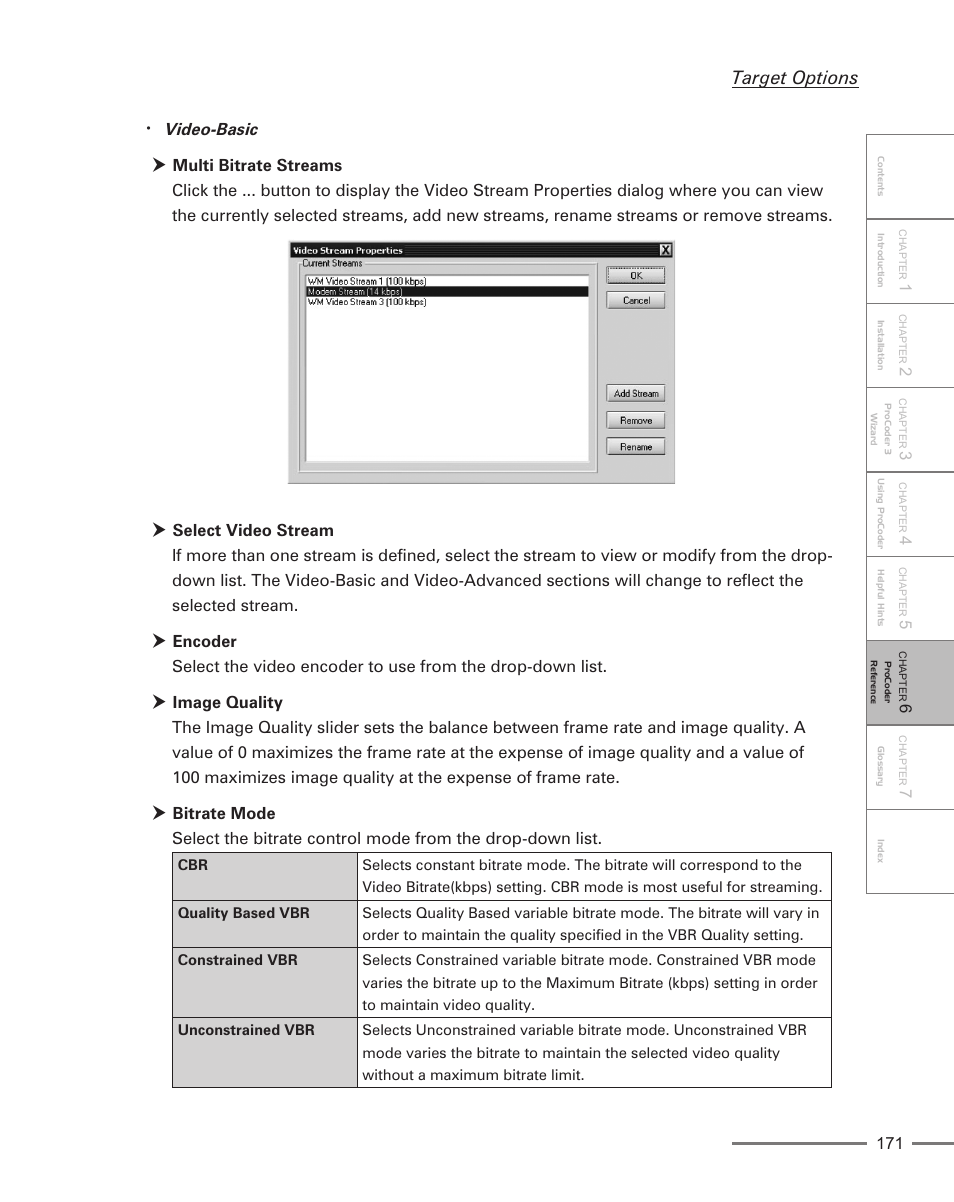 Target options, Video-basic | Grass Valley ProCoder 3 User Manual | Page 171 / 210