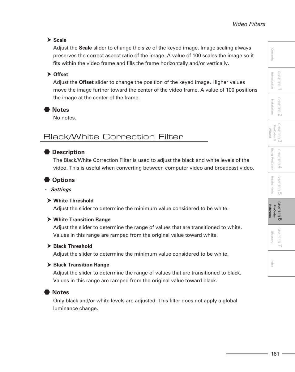 Black/white correction filter, Description, Options | Video filters | Grass Valley ProCoder 3 User Manual | Page 181 / 210