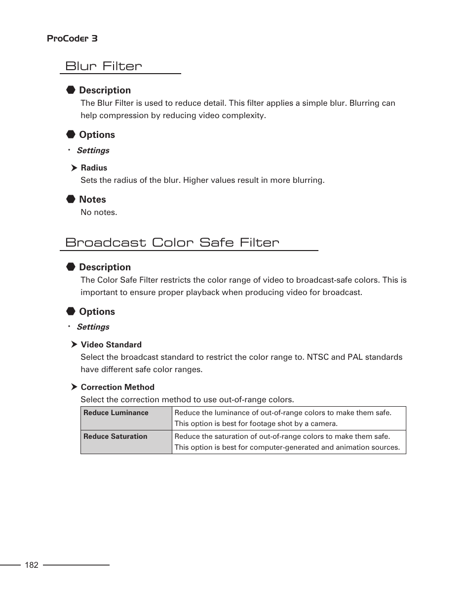 Blur filter, Broadcast color safe filter | Grass Valley ProCoder 3 User Manual | Page 182 / 210