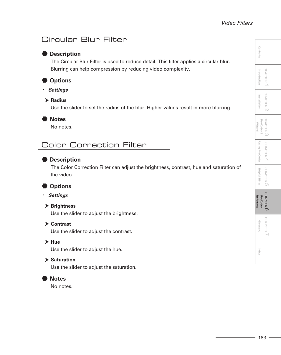 Circular blur filter, Color correction filter, Description | Options, Video filters | Grass Valley ProCoder 3 User Manual | Page 183 / 210