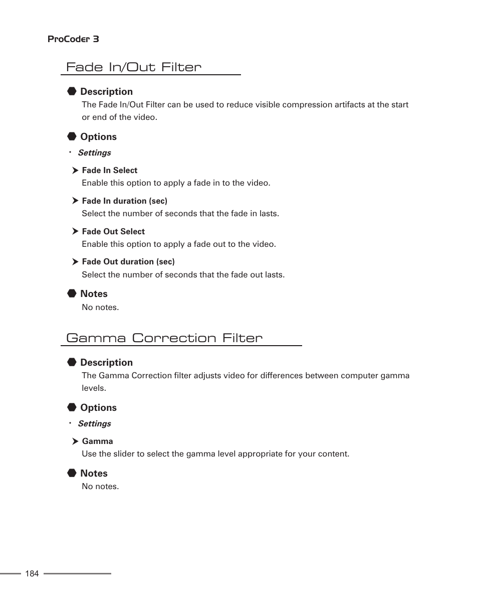 Fade in/out filter, Gamma correction filter | Grass Valley ProCoder 3 User Manual | Page 184 / 210