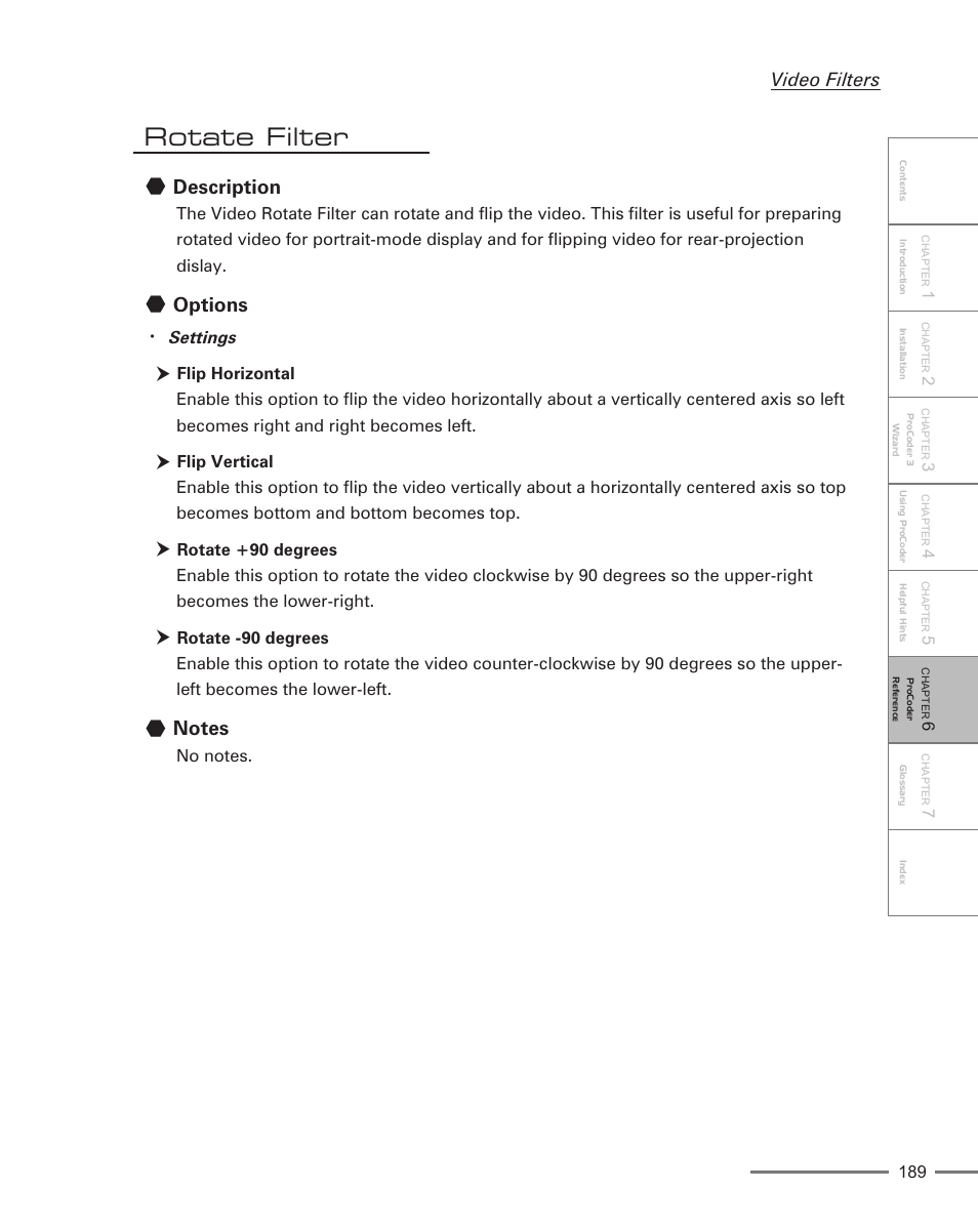 Rotate filter, Description, Options | Video filters, Settings | Grass Valley ProCoder 3 User Manual | Page 189 / 210