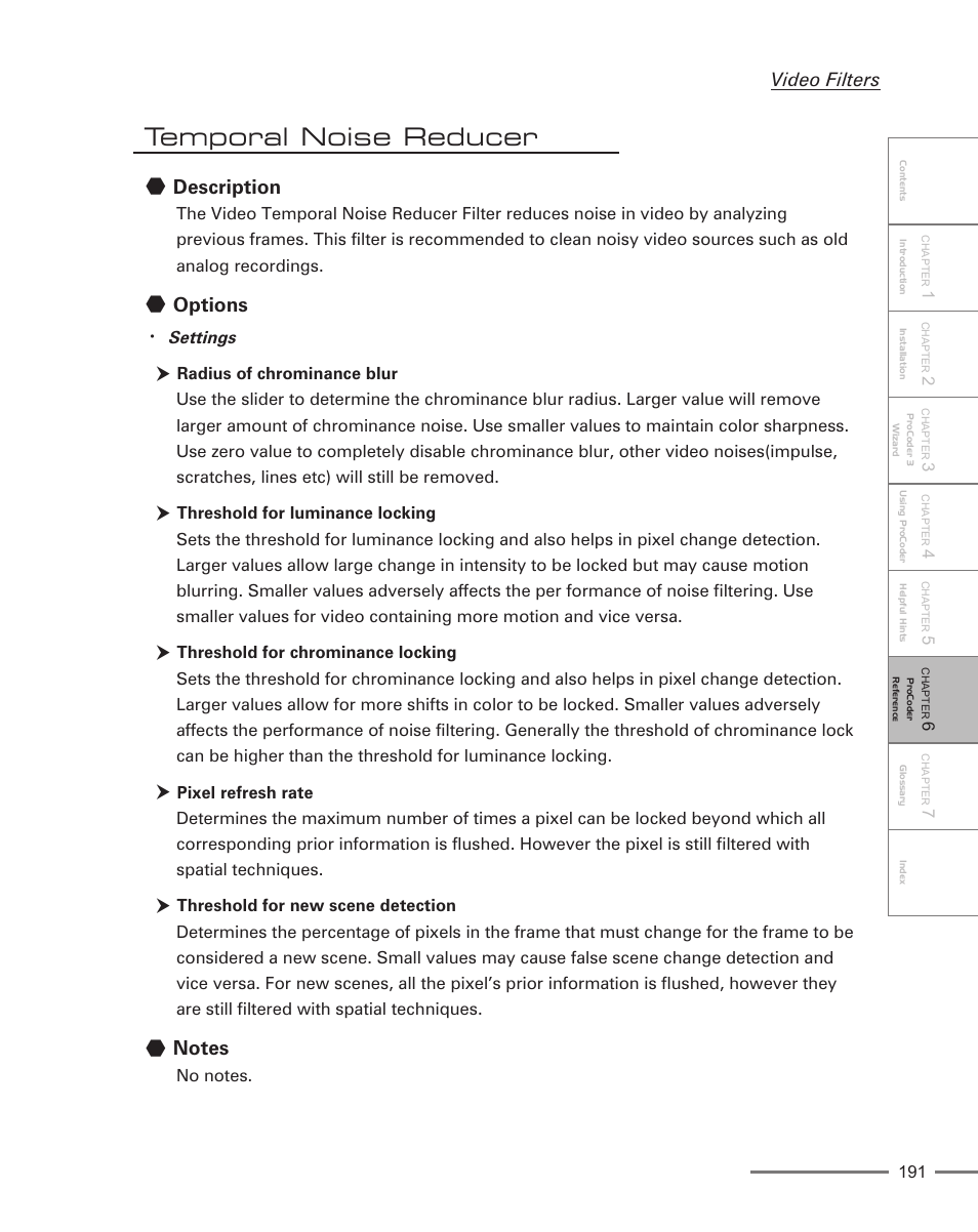 Temporal noise reducer, Description, Options | Video filters | Grass Valley ProCoder 3 User Manual | Page 191 / 210