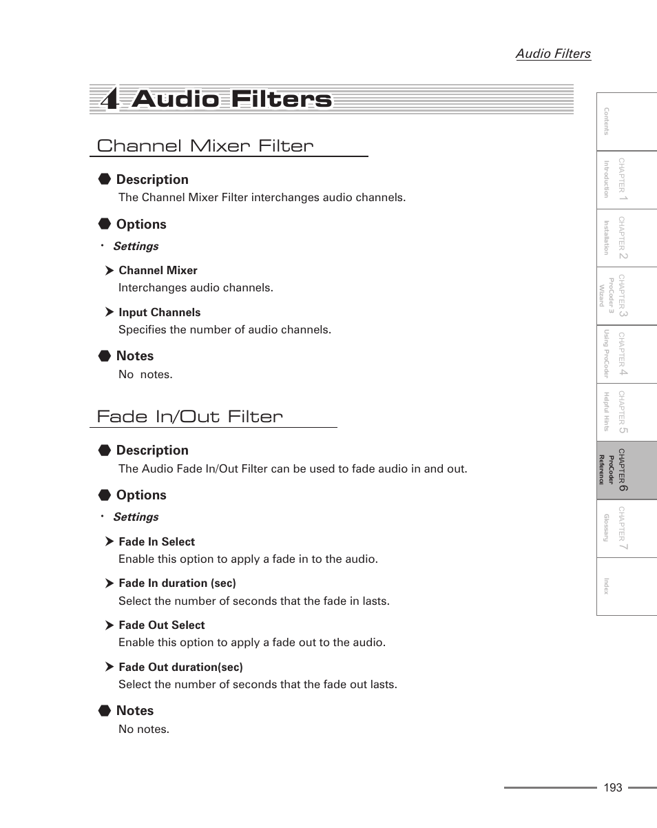 4 audio filters, Channel mixer filter, Fade in/out filter | Audio filters, Description, Options | Grass Valley ProCoder 3 User Manual | Page 193 / 210