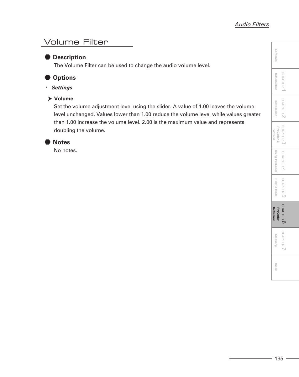 Volume filter, Description, Options | Audio filters, Settings | Grass Valley ProCoder 3 User Manual | Page 195 / 210