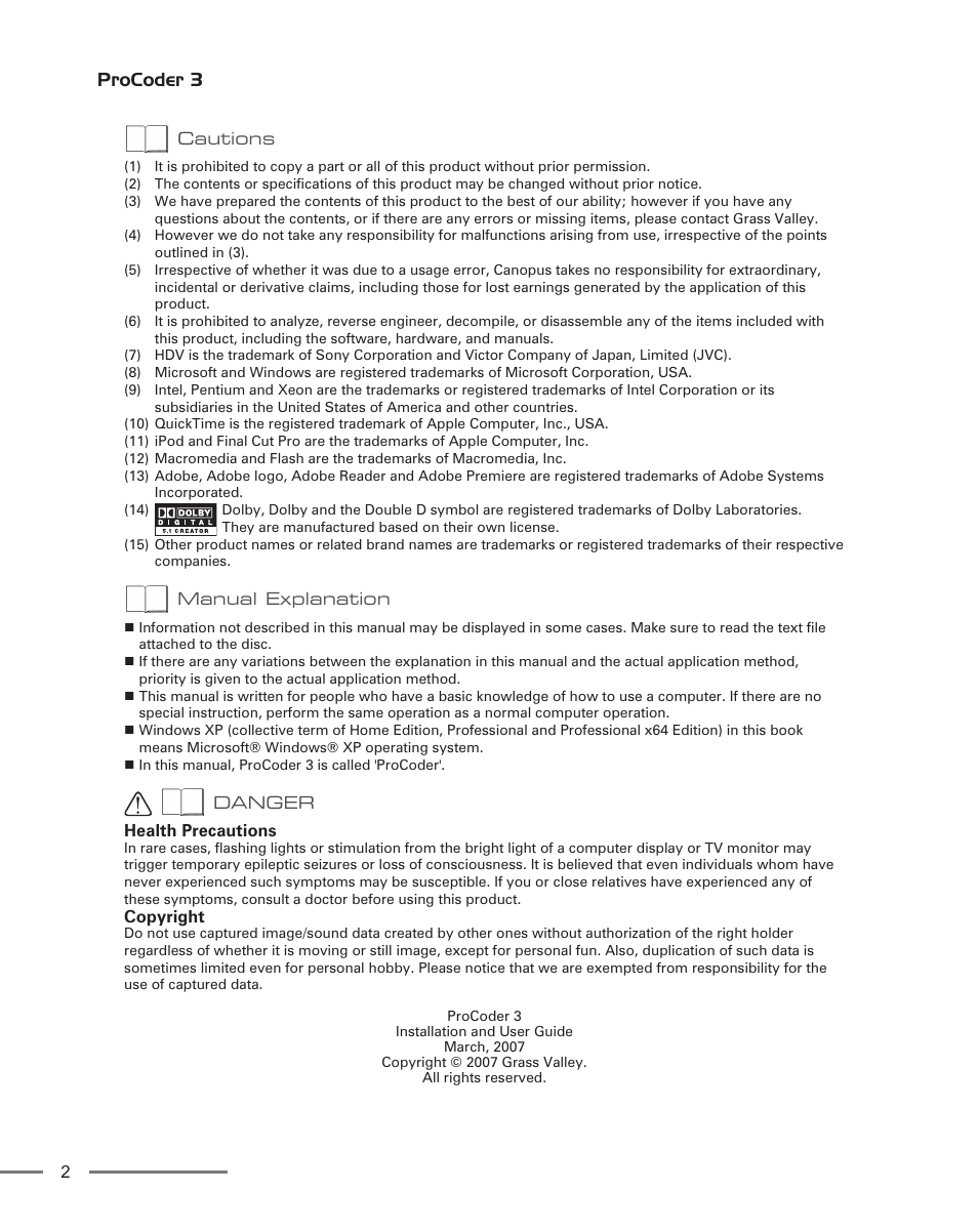 Cautions, Manual explanation, Danger | Procoder 3 | Grass Valley ProCoder 3 User Manual | Page 2 / 210