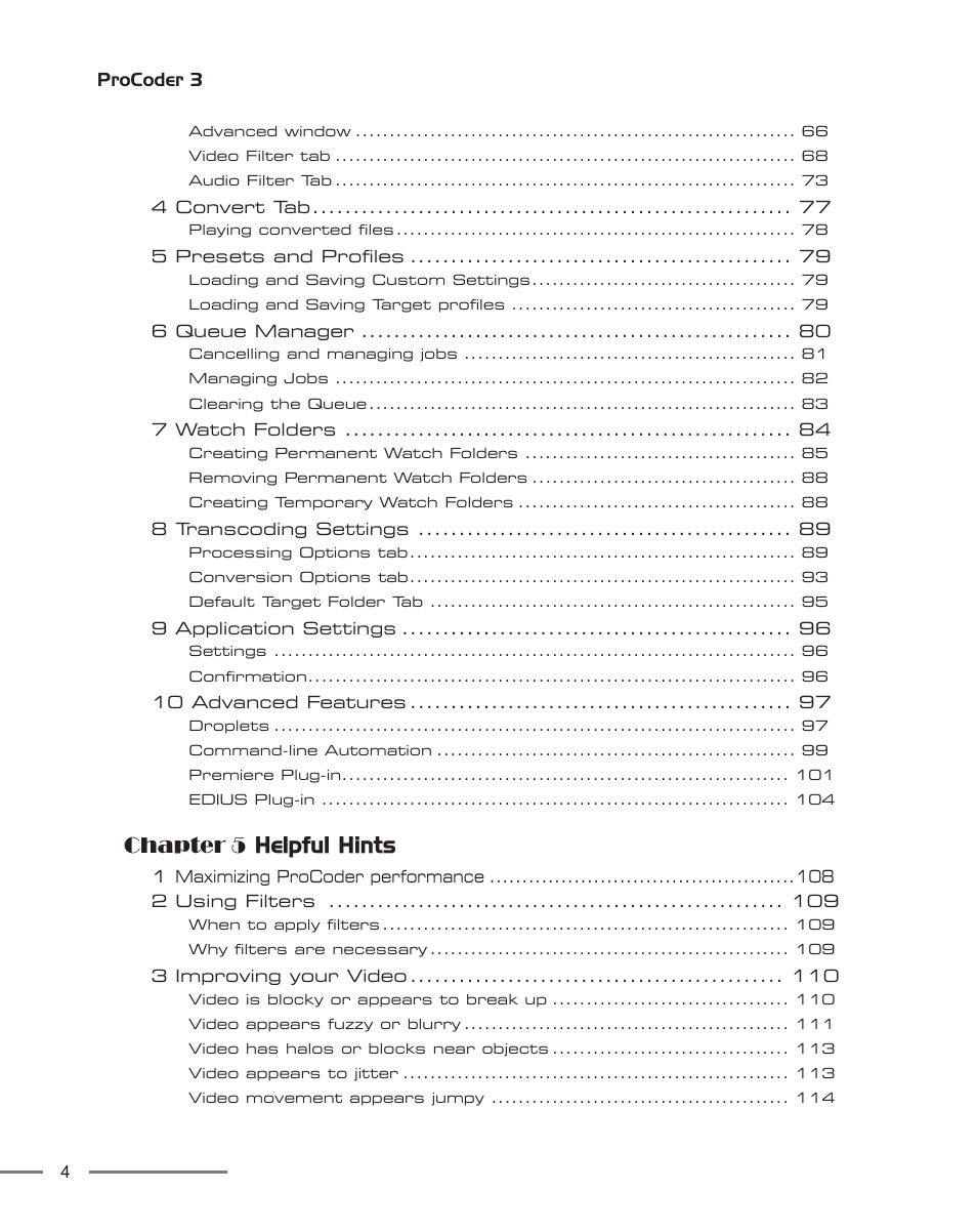 Chapter 5 helpful hints | Grass Valley ProCoder 3 User Manual | Page 4 / 210