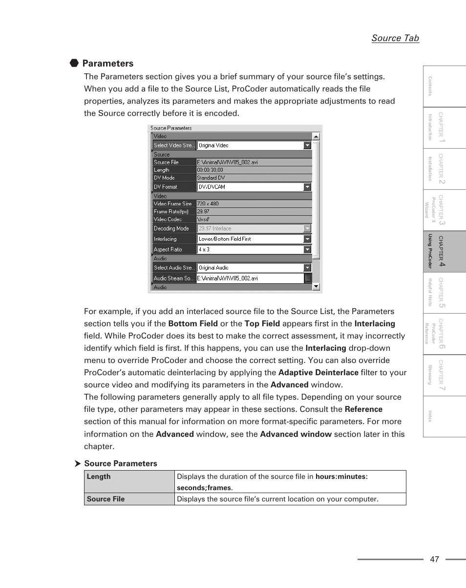 Parameters, Source tab | Grass Valley ProCoder 3 User Manual | Page 47 / 210