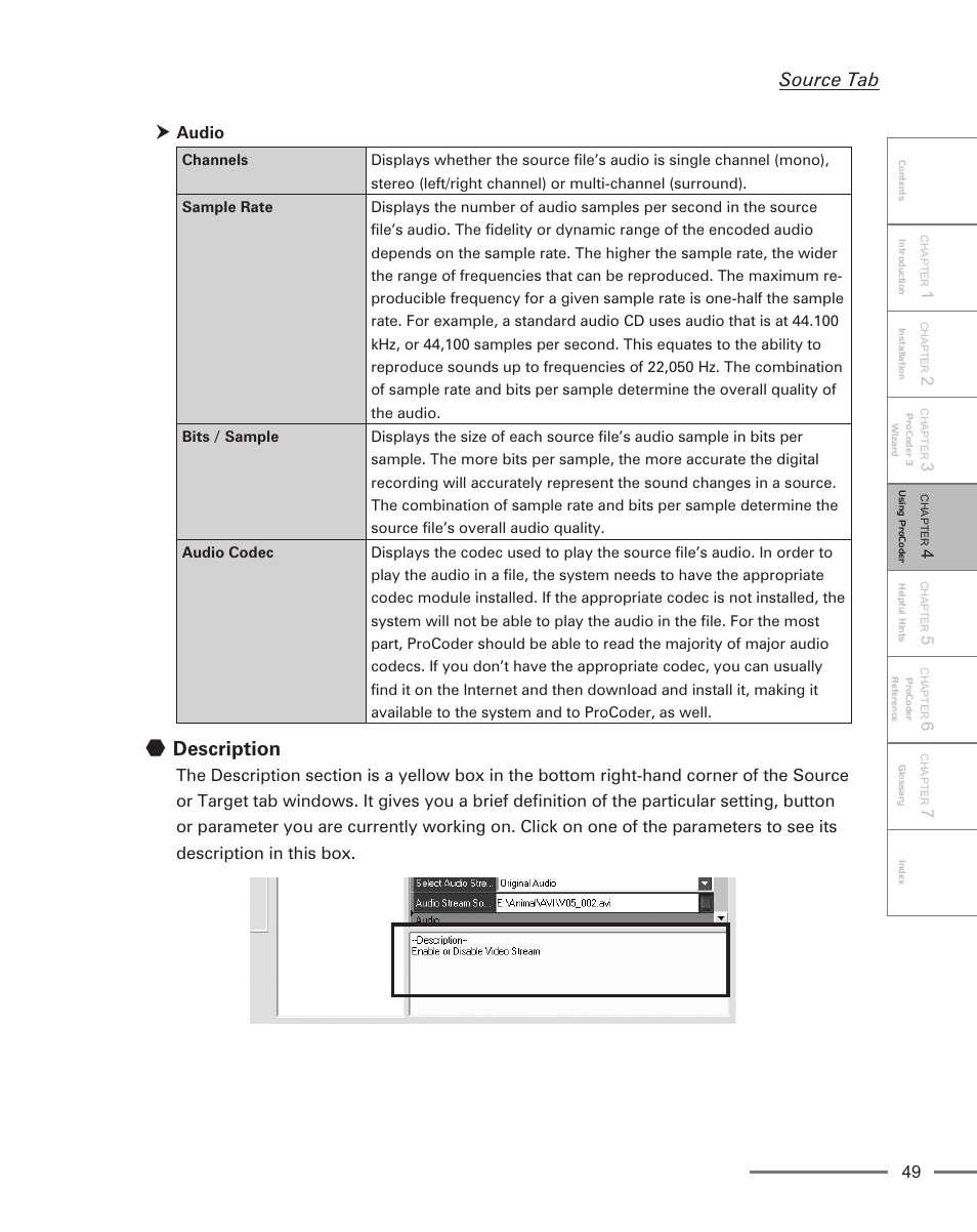 Description, Source tab, Audio | Grass Valley ProCoder 3 User Manual | Page 49 / 210