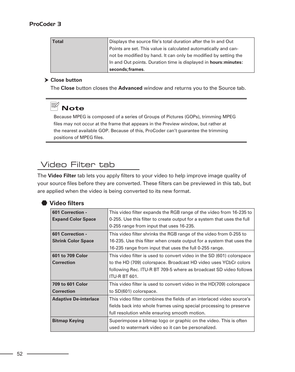 Video filter tab, Video filters | Grass Valley ProCoder 3 User Manual | Page 52 / 210