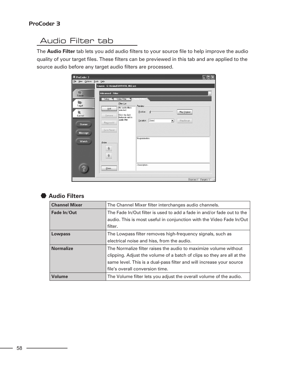 Audio filter tab, Audio filters | Grass Valley ProCoder 3 User Manual | Page 58 / 210