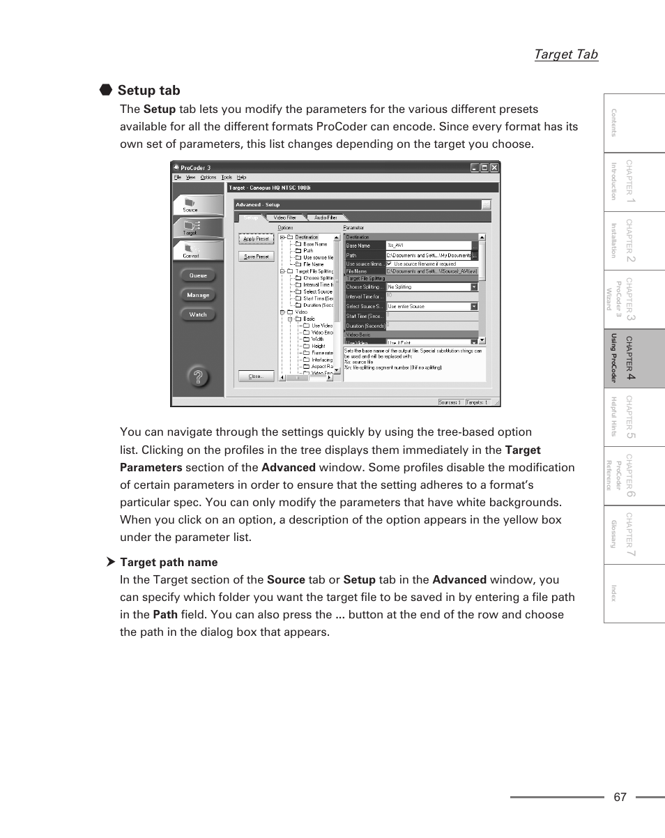 Setup tab, Target tab | Grass Valley ProCoder 3 User Manual | Page 67 / 210