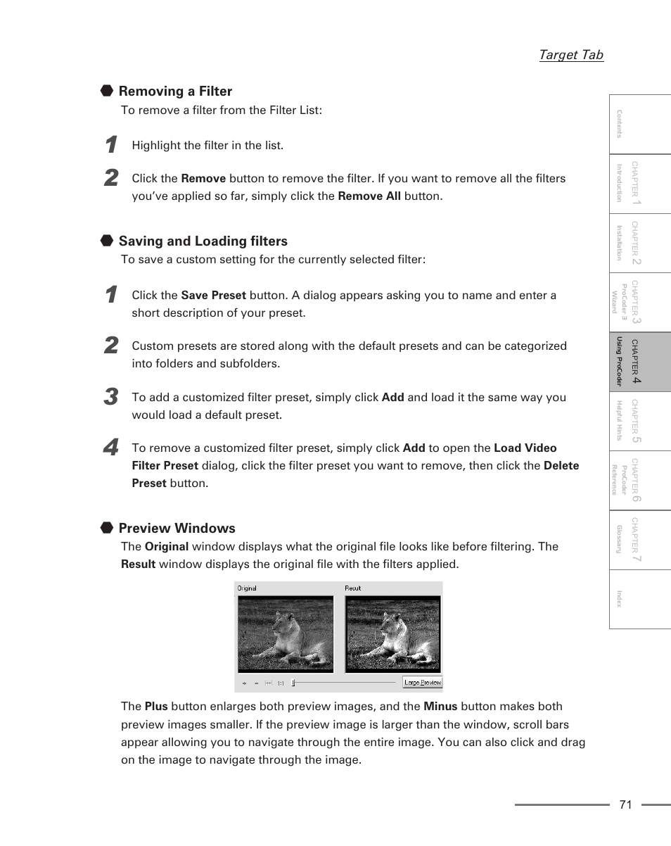 Removing a filter, Saving and loading filters, Preview windows | Grass Valley ProCoder 3 User Manual | Page 71 / 210