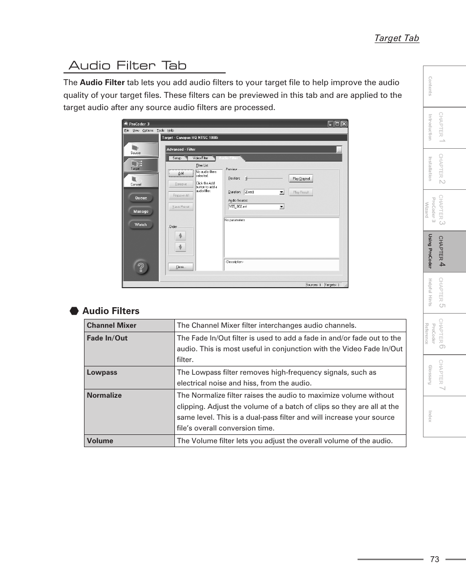 Audio filter tab, Audio filters, Target tab | Grass Valley ProCoder 3 User Manual | Page 73 / 210