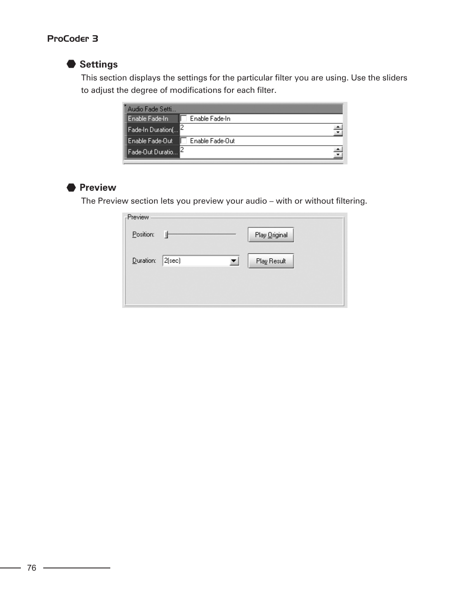 Settings, Preview | Grass Valley ProCoder 3 User Manual | Page 76 / 210