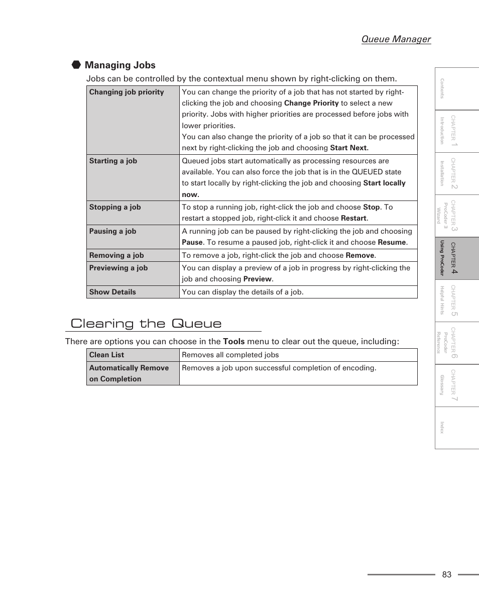 Managing jobs, Clearing the queue, Queue manager | Grass Valley ProCoder 3 User Manual | Page 83 / 210