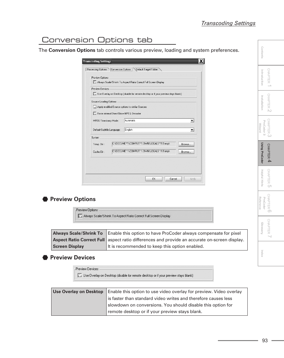 Conversion options tab, Preview options, Preview devices | Transcoding settings | Grass Valley ProCoder 3 User Manual | Page 93 / 210