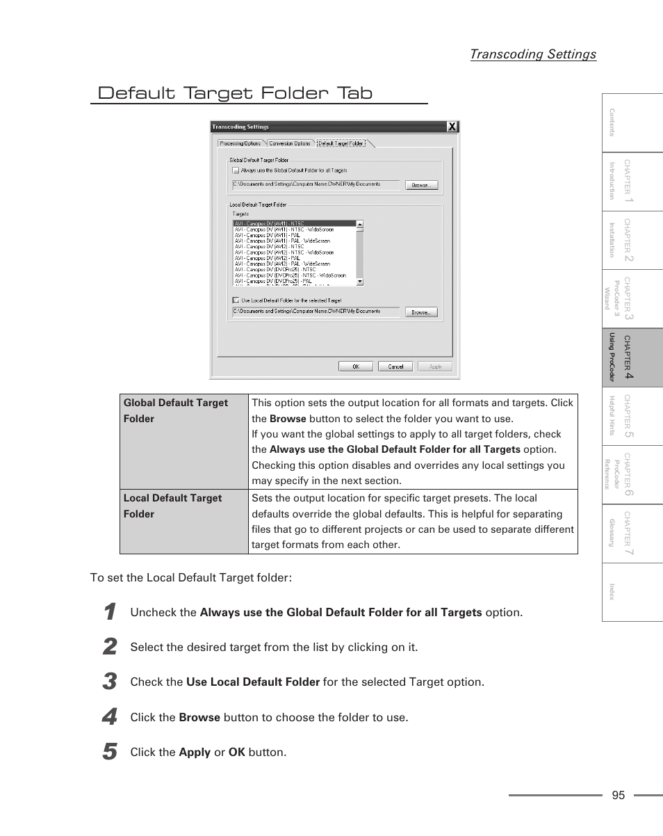 Default target folder tab, Transcoding settings | Grass Valley ProCoder 3 User Manual | Page 95 / 210