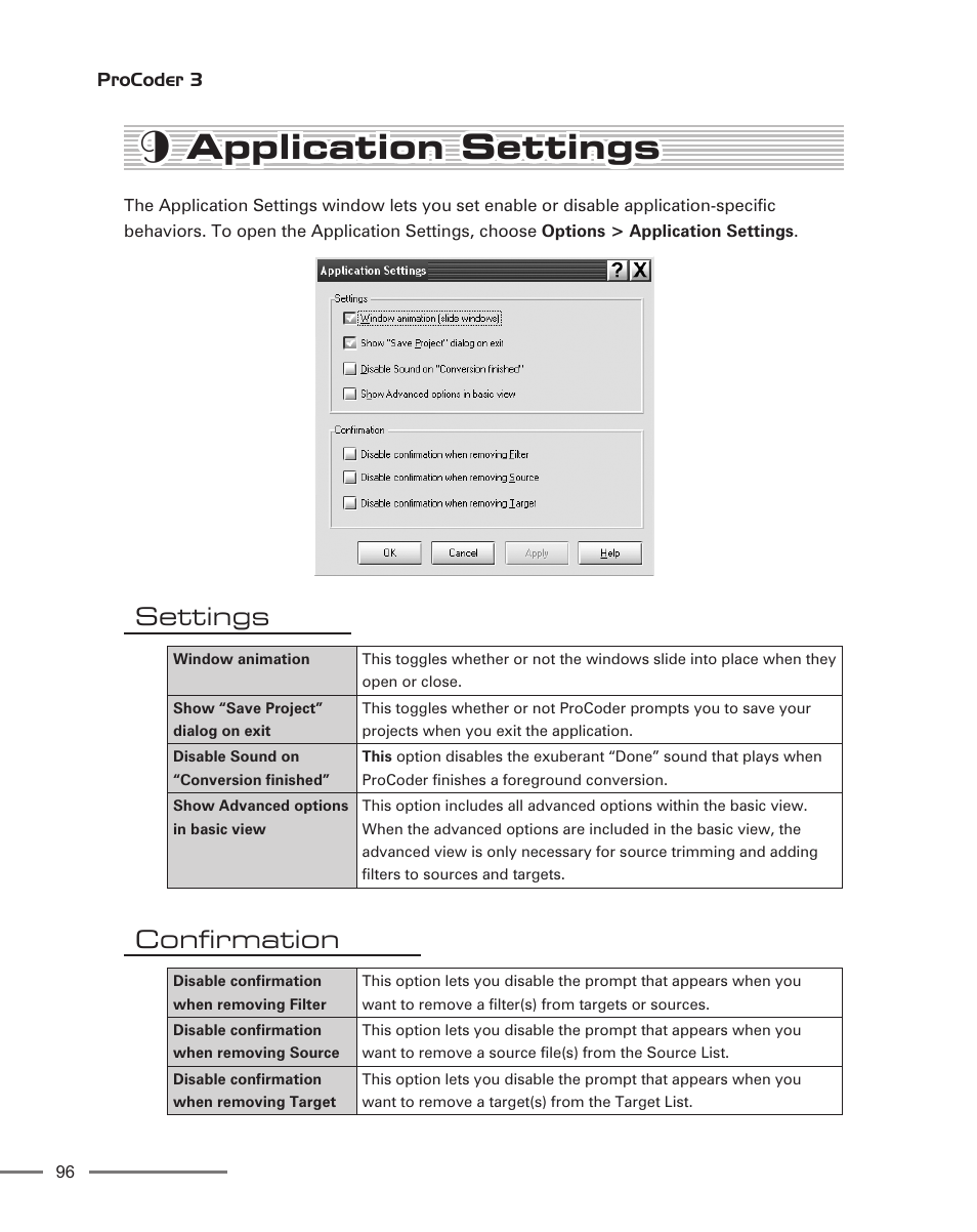 9 application settings, Settings, Confirmation | Application settings | Grass Valley ProCoder 3 User Manual | Page 96 / 210