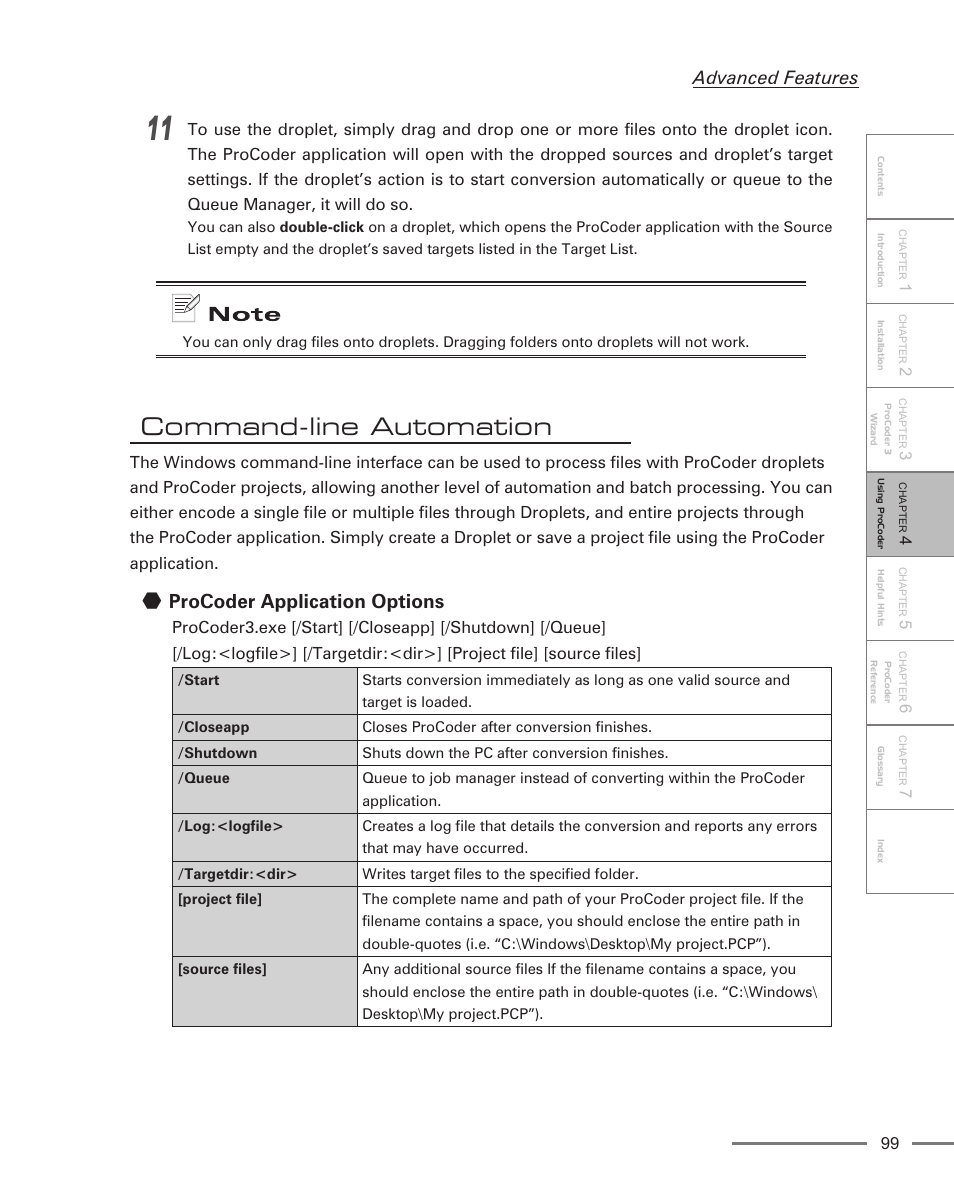 Command-line automation, Procoder application options, Advanced features | Grass Valley ProCoder 3 User Manual | Page 99 / 210