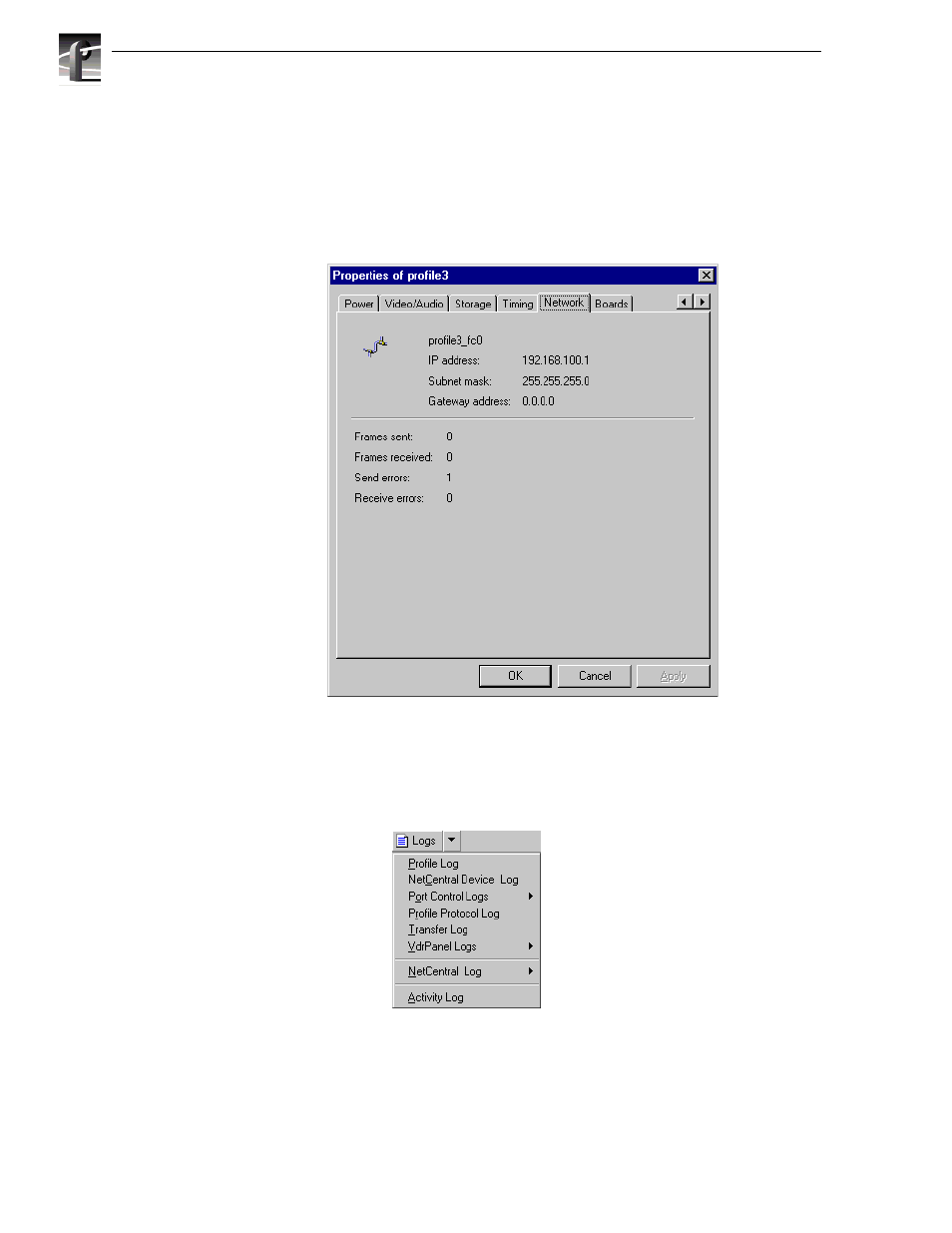 To view network properties, Viewing logs, To view network properties viewing logs | Grass Valley Profile XP Service Manual User Manual | Page 134 / 172