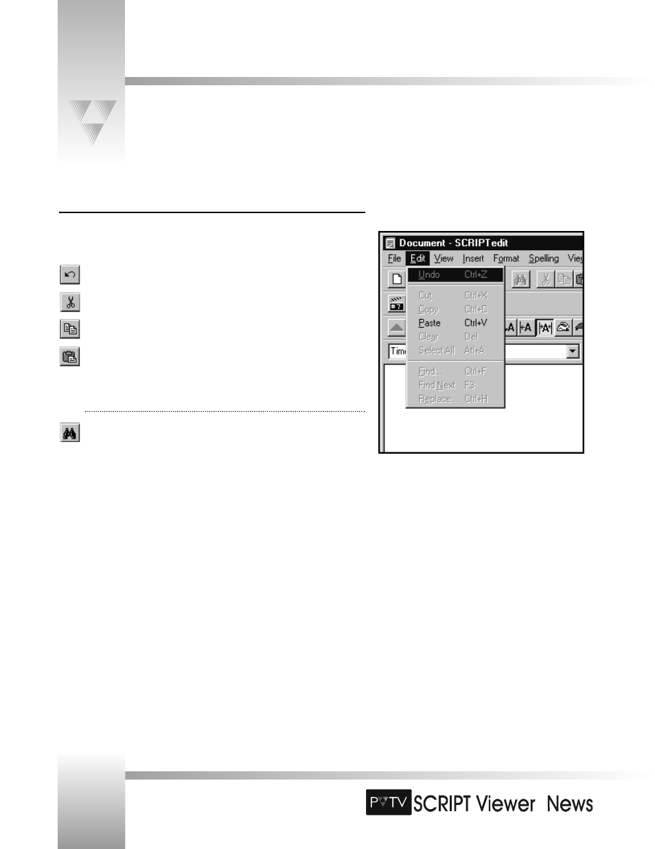 The scriptedit menus and toolbars | Grass Valley SCRIPT Viewer News Rev.A User Manual | Page 24 / 60