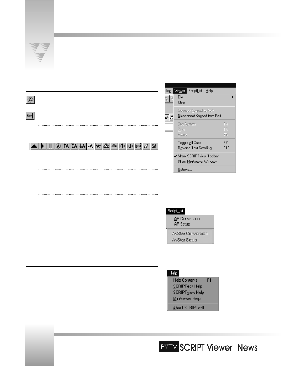 The scriptedit menus and toolbars | Grass Valley SCRIPT Viewer News Rev.A User Manual | Page 30 / 60